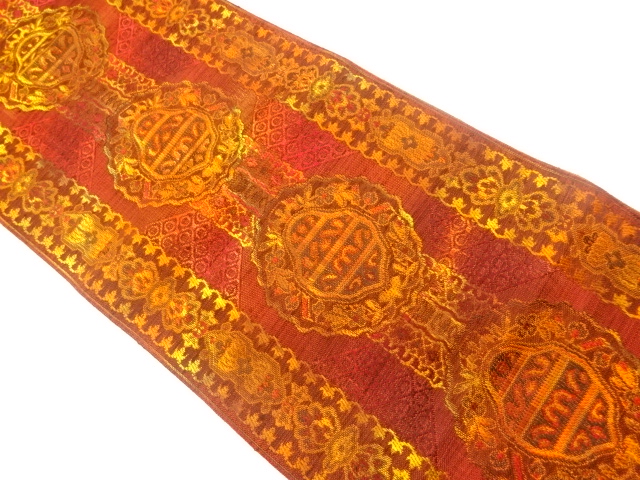 手織り紬縞に抽象華紋模様織出し名古屋帯